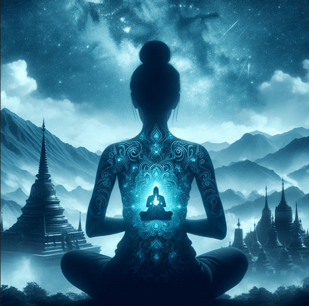 Holograma de una persona en vipassana.