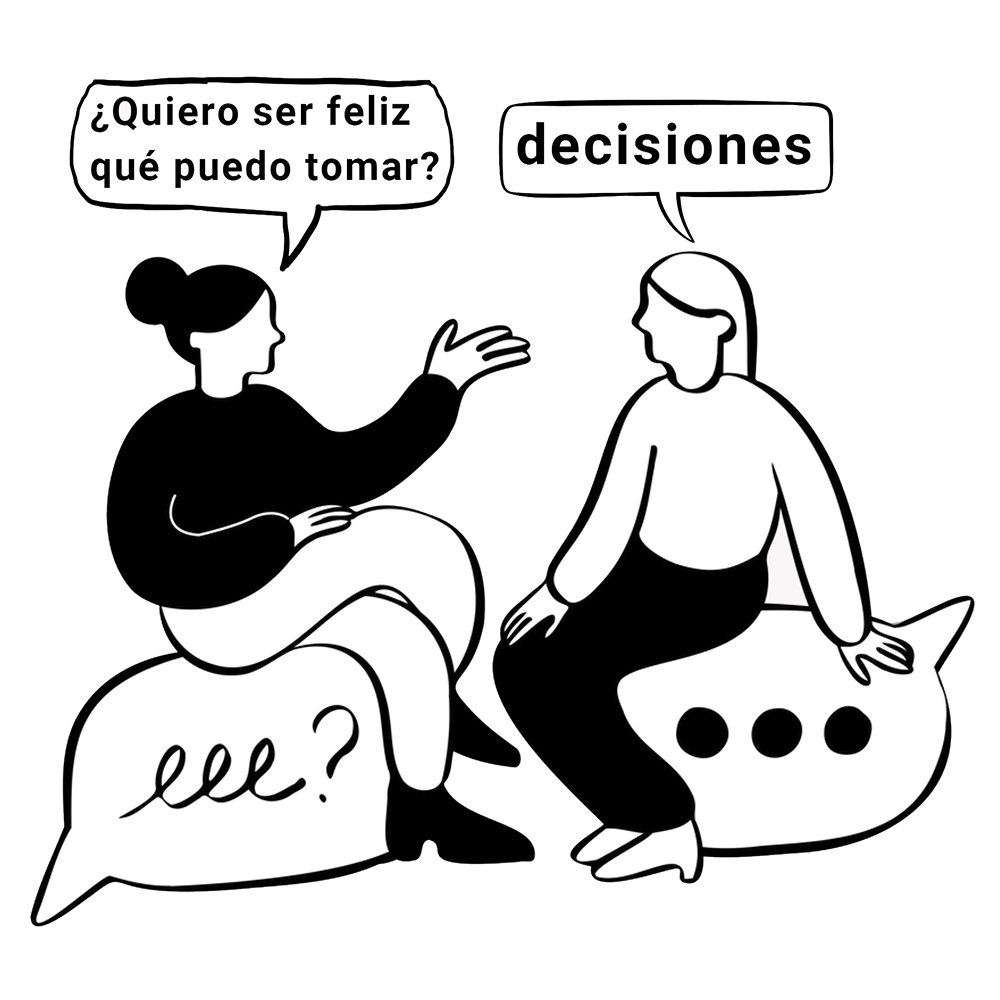 Gráfico de dos personas hablando de que hacer si no eres feliz.