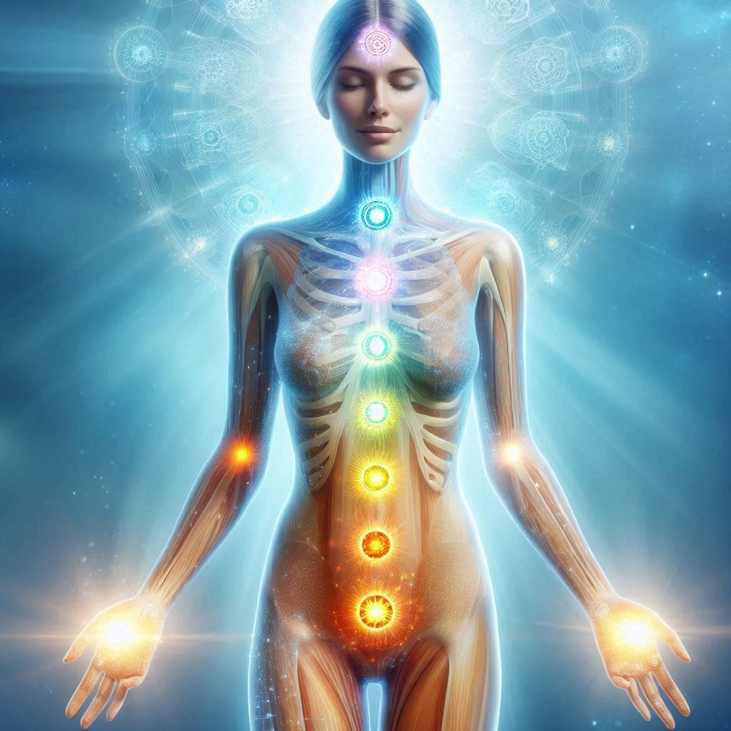 Holograma de un cuerpo femenino donde se ve el interior con sus puntos energéticos.