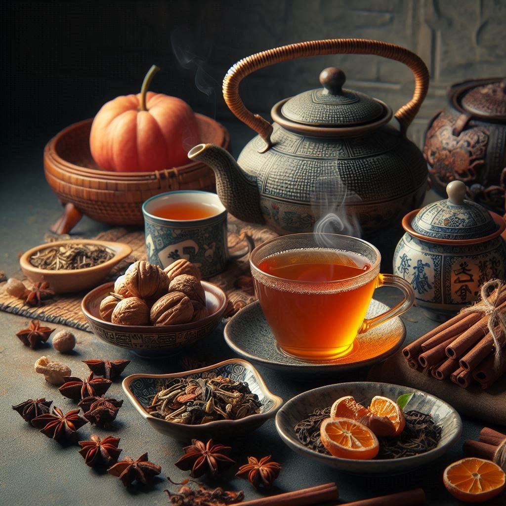 Imagen de una tetera con infusiones e ingredientes naturales y herbales alrededor. Concepto de fitoterapia.