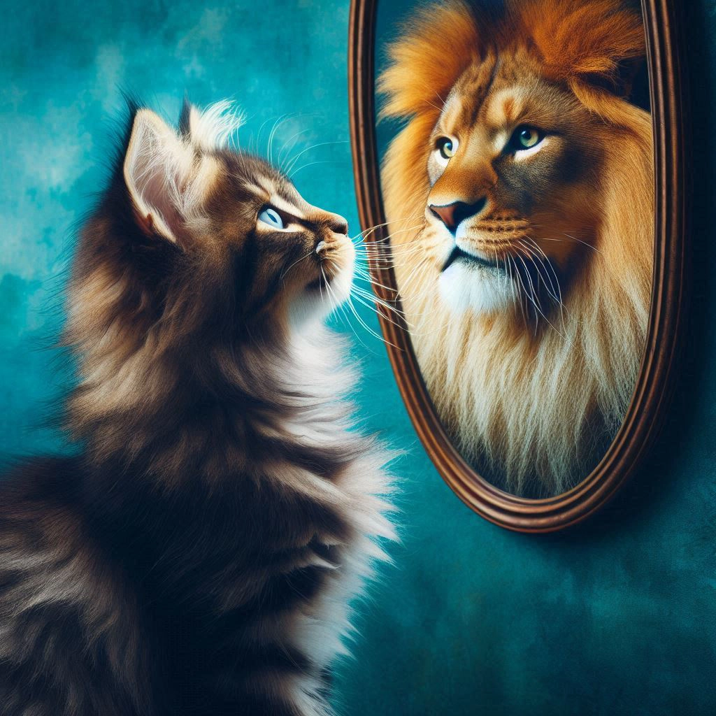 Un gato que se mira en el espejo y se ve como un León.